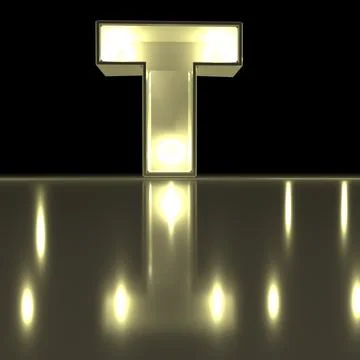 Character T font with reflection. Light bulb glowing letter alphabet. Capit.. Stock Photos