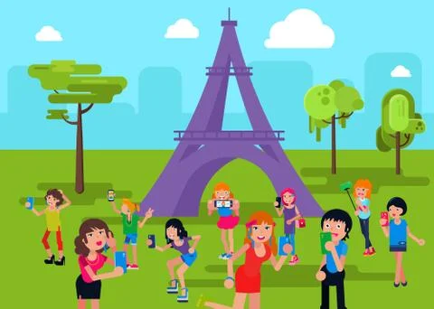 Character take selfie eiffel tower, modern social network flat vector Stock Illustration