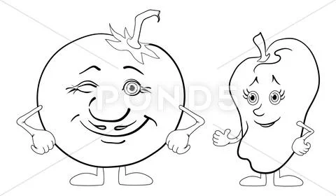 Character tomato and pepper, outline Stock Illustration