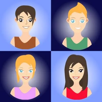 Character of two boys and two girls with various hair and eye color Stock Illustration