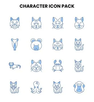 Character Two Color Blue Set Icons Pack Stock Illustration