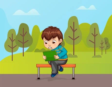 Character Using Tablet, Sitting on Bench Vector Illustrazione stock