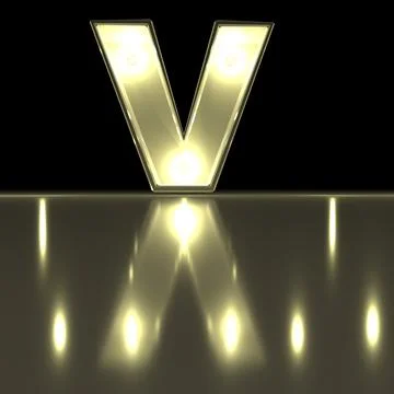 Character V font with reflection. Light bulb glowing letter alphabet. Capit.. Stock-Fotos