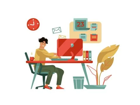 Character working at computer. Trendy modern scene with creative man with laptop 库存插图
