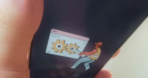 Character working on a web browser interface with gears, website maintenance Stock Footage 313439656