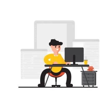 Character works at the computer. distant work. remote work. - Vector Stock Illustration