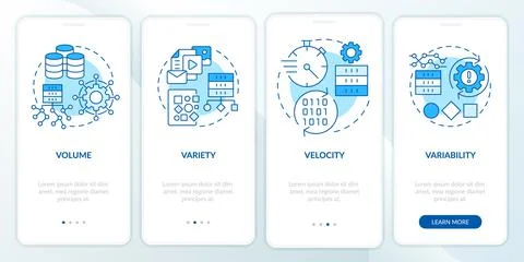 Characteristics of big data blue onboarding mobile app screen Illustrazione stock