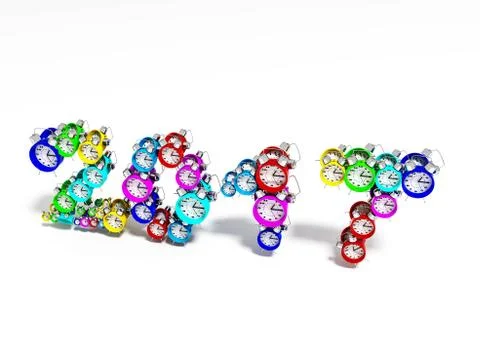 Characters 2017 consisting of alarm clock, 3d render Illustrazione stock