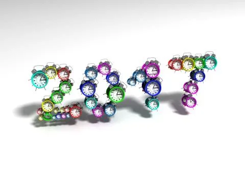 Characters 2017 consisting of alarm clock, 3d render Illustrazione stock