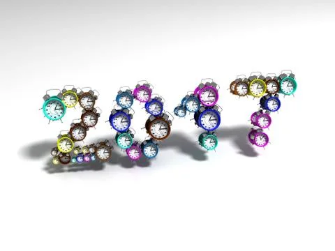 Characters 2017 consisting of alarm clock, 3d render Illustrazione stock