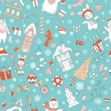 Characters and Christmas elements seamless pattern green Illustrazione stock
