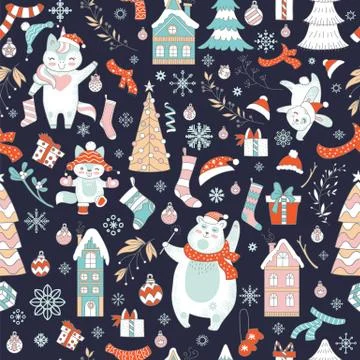 Characters and Christmas elements seamless pattern navy 스톡 일러스트