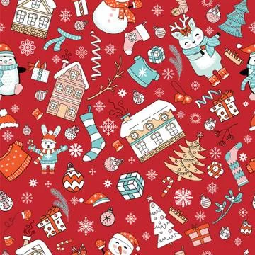 Characters and Christmas elements seamless pattern red Illustrazione stock