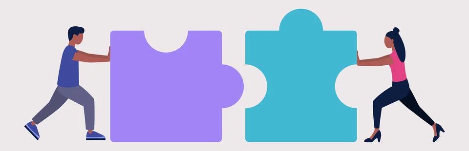 Characters are pushing the puzzle Stock Illustration