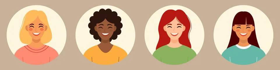 Characters avatars set. Portrait of multicultural multiethnic women with di.. Stock Illustration