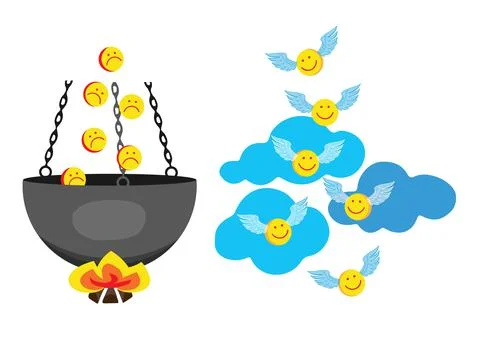Characters in a boiling pot and emoticons with wings on clouds. Hell and Heav Stock Illustration