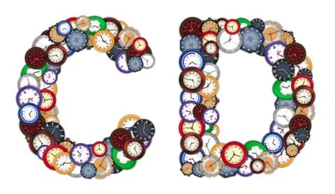 Characters c and d made of various clocks Stock Photos