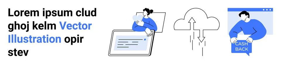 Characters collaborating on a tablet, cloud computing symbol with data transf Stockillustratie