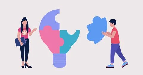 Characters connect puzzles on a light bulb from puzzles Stock Illustration