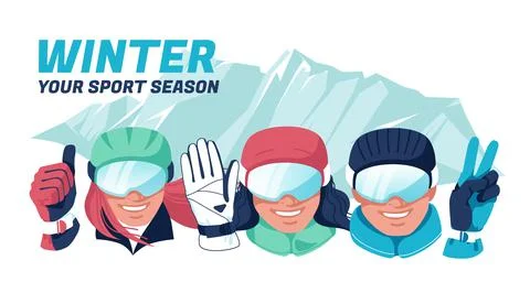 Characters of different happy people dressed in ski equipment show welcome ge Illustrazione stock