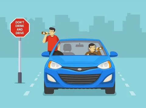 Characters drinking alcohol while driving on road with "Don't drink and drive" Stock Illustration