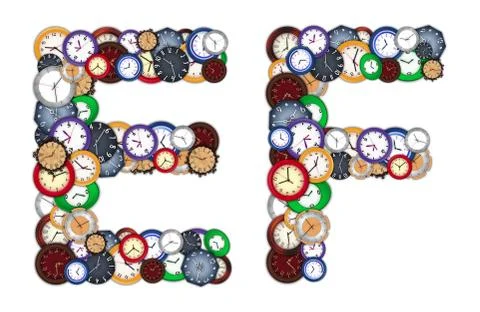 Characters e and f made of various clocks Stock Photos