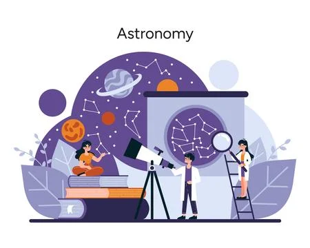 Characters engage with celestial exploration using a telescope and star charts Stock Illustration
