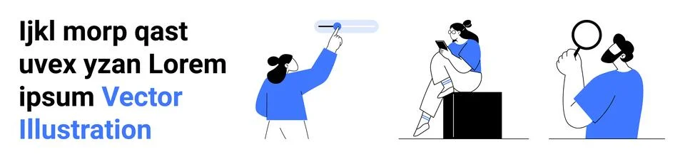 Characters engaging in writing on a board, reading while sitting on a box, an Stock Illustration