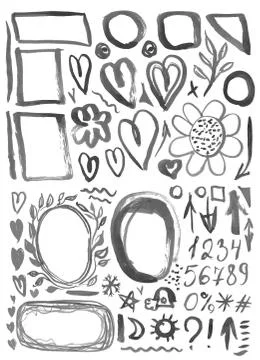 Characters, frames, figures, heart, arrow black ink stains on a white backgro Stock Illustration