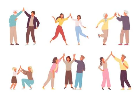 Characters give five to each other set. People clap their hands gesture of Stock Illustration