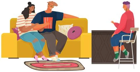 Characters giving interview to female journalist. Live report with guests of Иллюстрация