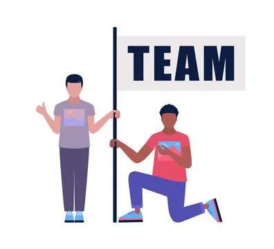 Characters holding a flag with the words team Stock Illustration