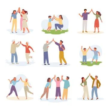 Characters joyful give five set. Gesture of cheerful successful team meeting Stock Illustration