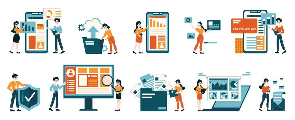 Characters managing data analysis, cybersecurity, and online transactions Stock Illustration