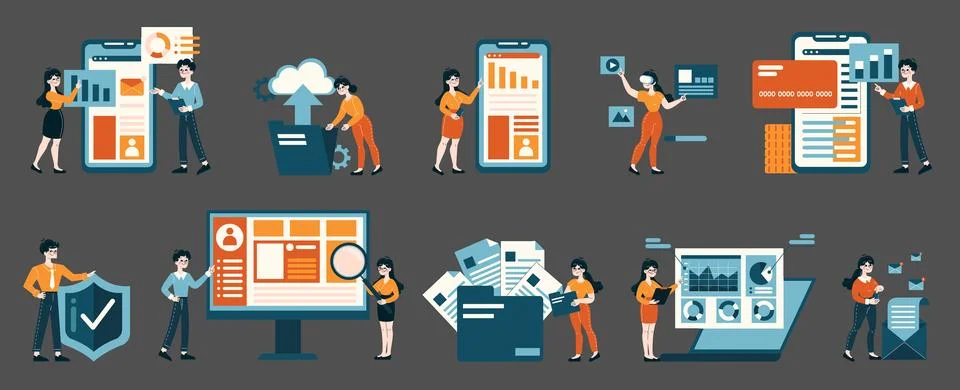 Characters managing data analysis, cybersecurity, and online transactions Stock Illustration