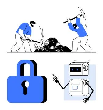 Characters mining cryptocurrency, lock symbol representing security, robot in Stock Illustration