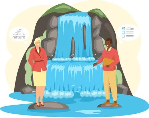 Characters plan business and solve work issues near waterfall. People make money Stock Illustration