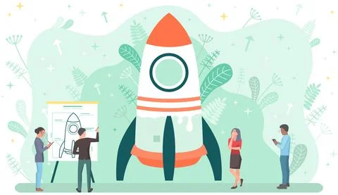 Characters planning rocket launch. Team is working with startup. Entrepreneurs Stock Illustration