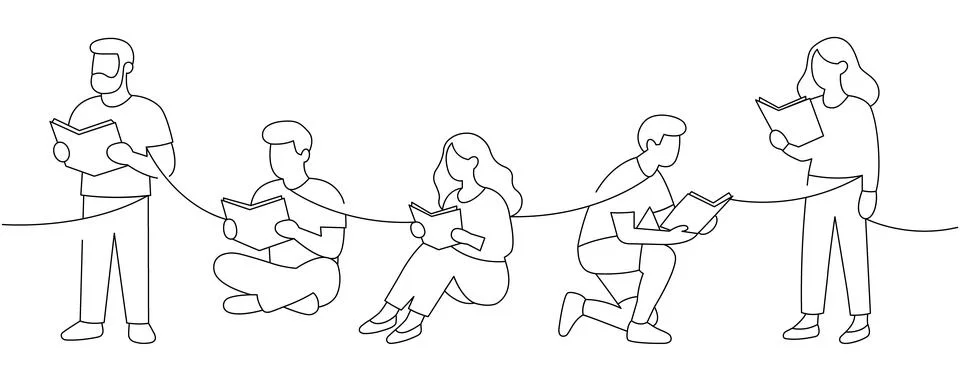 Characters reading books connected by a continuous line. Concept of unity in Stock Illustration