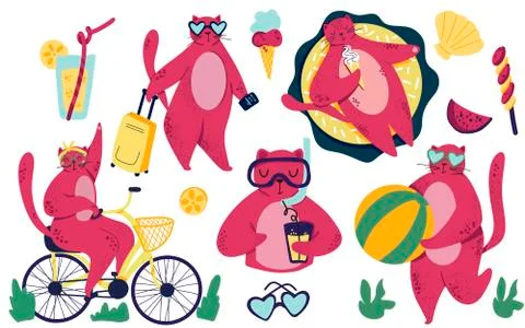 Characters set of cat. Vacation, summer, sport, fun, lifestyle theme. Scandin Stock Illustration
