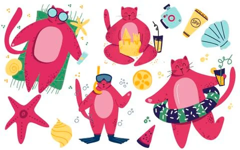 Characters set of cat. Vacation, summer, sport, fun, lifestyle theme. Scandin Stock Illustration