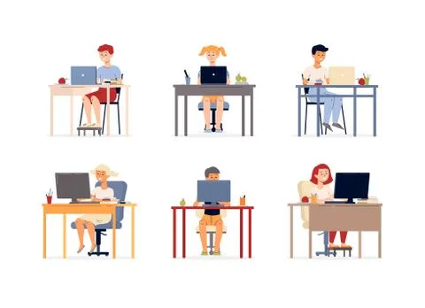 Characters set children studying on computer flat vector illustration isolated. Stock Illustration