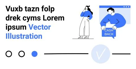 Characters with thoughtful poses, computer screen, cash back, black and blue  Stock Illustration