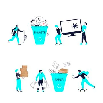 Characters throw garbage in container Stock Illustration