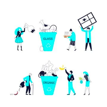 Characters throw garbage in container Stock Illustration