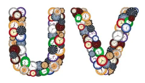 Characters u and v made of various clocks Foto stock