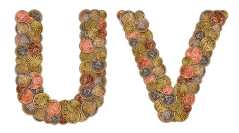 Characters u and v made of euro coins Stock Photos