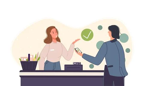 Characters using mobile payment system with scan qr code. Vector illustration Stock Illustration