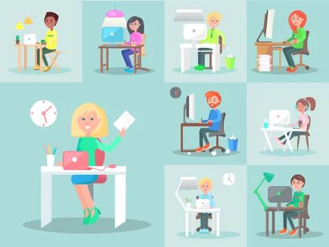 Characters Work at Computer in Office. Big Set Illustrazione stock