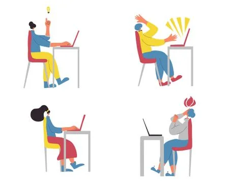 Characters working on computer set isolated on white background. Persons usin 스톡 일러스트